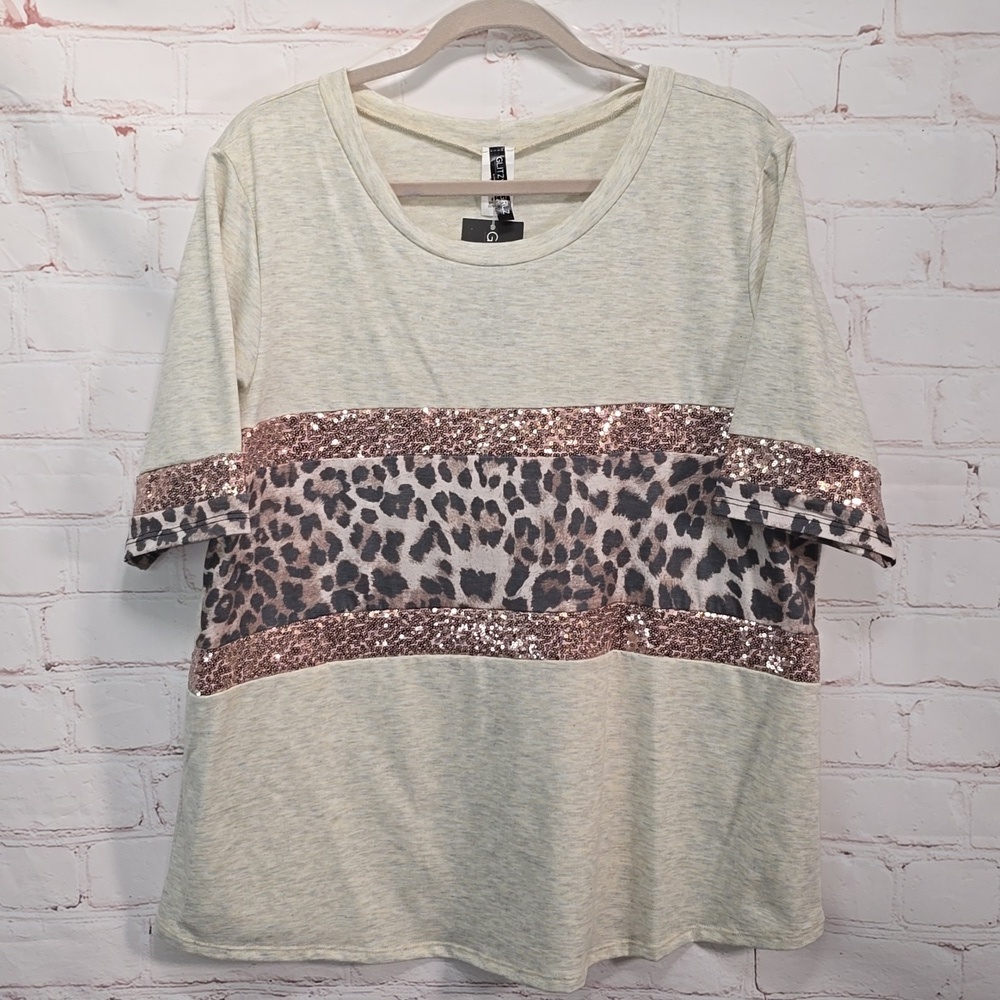 Glitzy Girlz Leopard & Sequins Rose Gold Sparkle Oatmeal Short Sleeve Size 3x